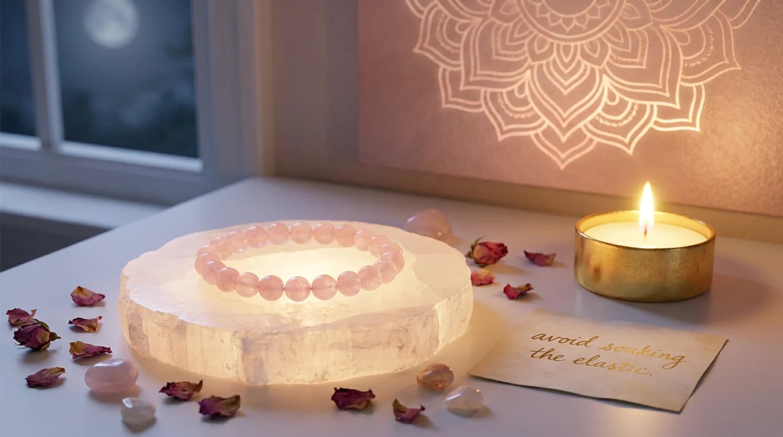 A pale, milky rose quartz bracelet resting on a selenite slab beside moonlit window light, ready to cleanse and charge