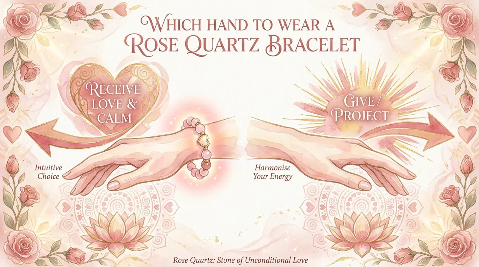 Pale, milky natural rose quartz bracelet worn on the left wrist, the receiving hand in Vedic crystal tradition