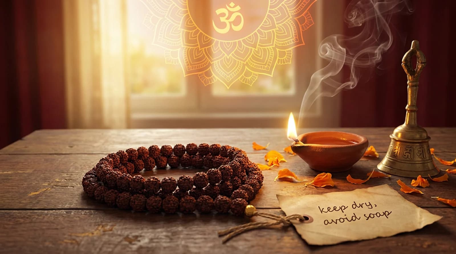 A 5 mukhi Nepali rudraksha bracelet with an Om charm being cleansed with a soft dry cloth