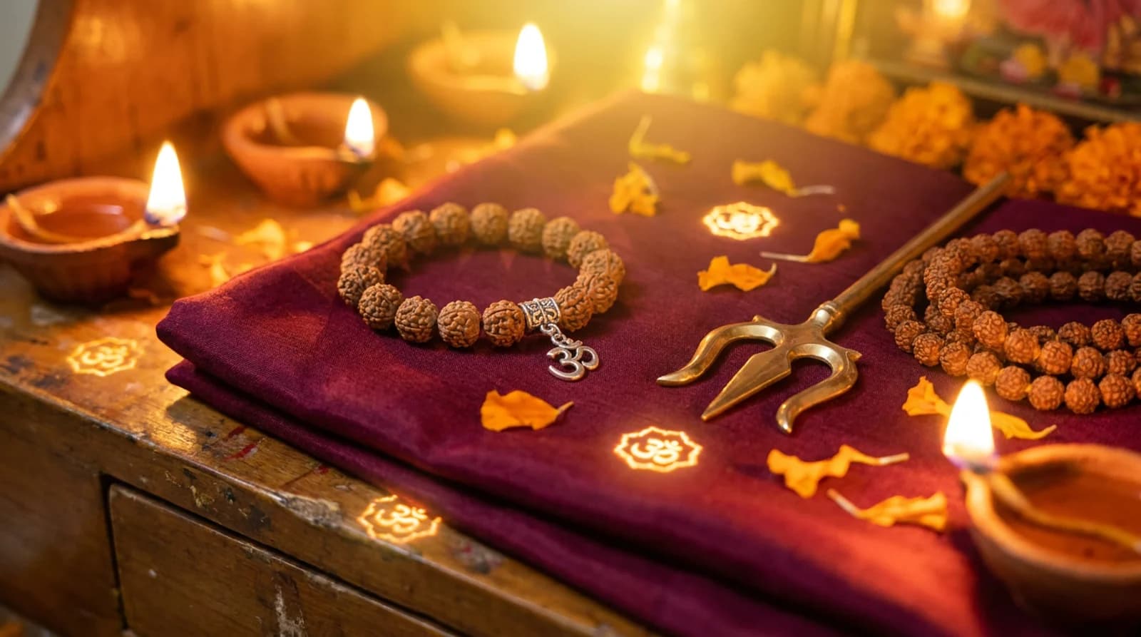 Lab-certified natural Nepali rudraksha bracelet with Om charm and gold-plated caps on a wrist