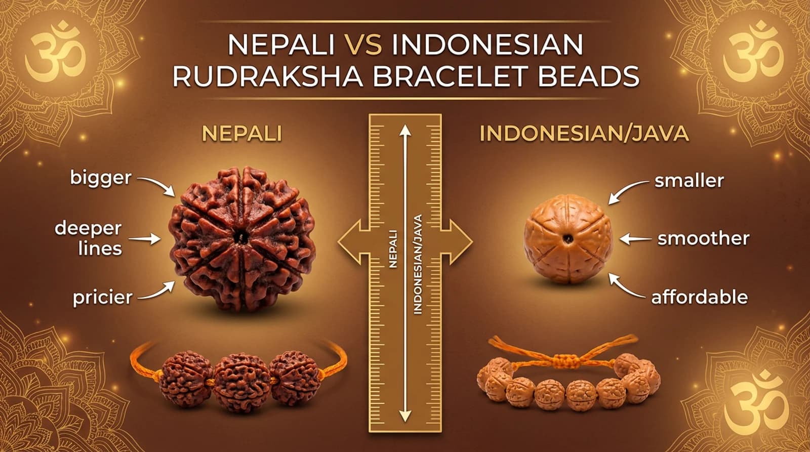 Nepali rudraksha bracelet with large 5 mukhi beads beside a smaller Indonesian rudraksha bracelet for origin comparison