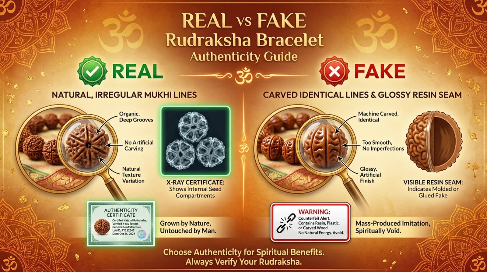 Close-up of a natural Nepali rudraksha bracelet showing mukhi line-faces beside a QR-coded lab certificate