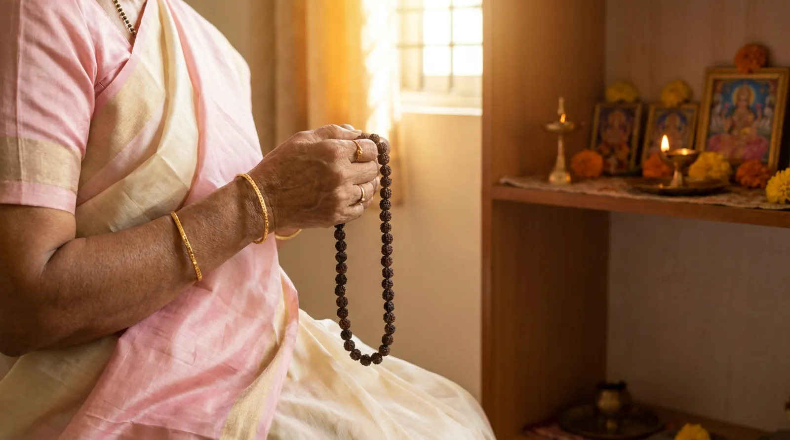 A woman's wrist wearing a small rudraksha bracelet beside a brass diya