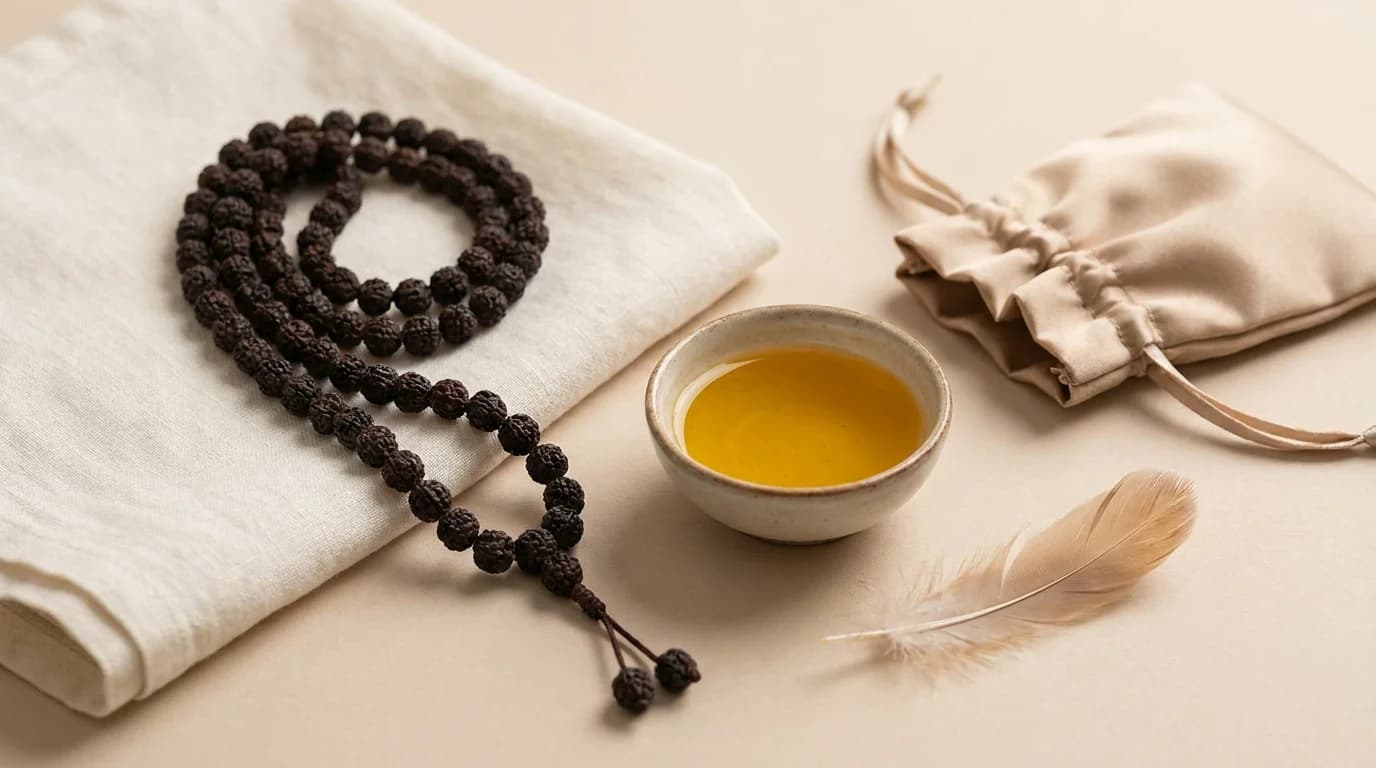 Rudraksha Mala being oiled with sesame oil on a red cloth — weekly care ritual