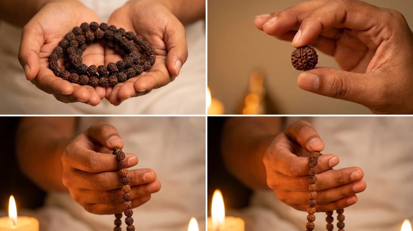 Hands holding Panchmukhi Rudraksha Mala in correct jaap position — middle finger and thumb, index finger raised