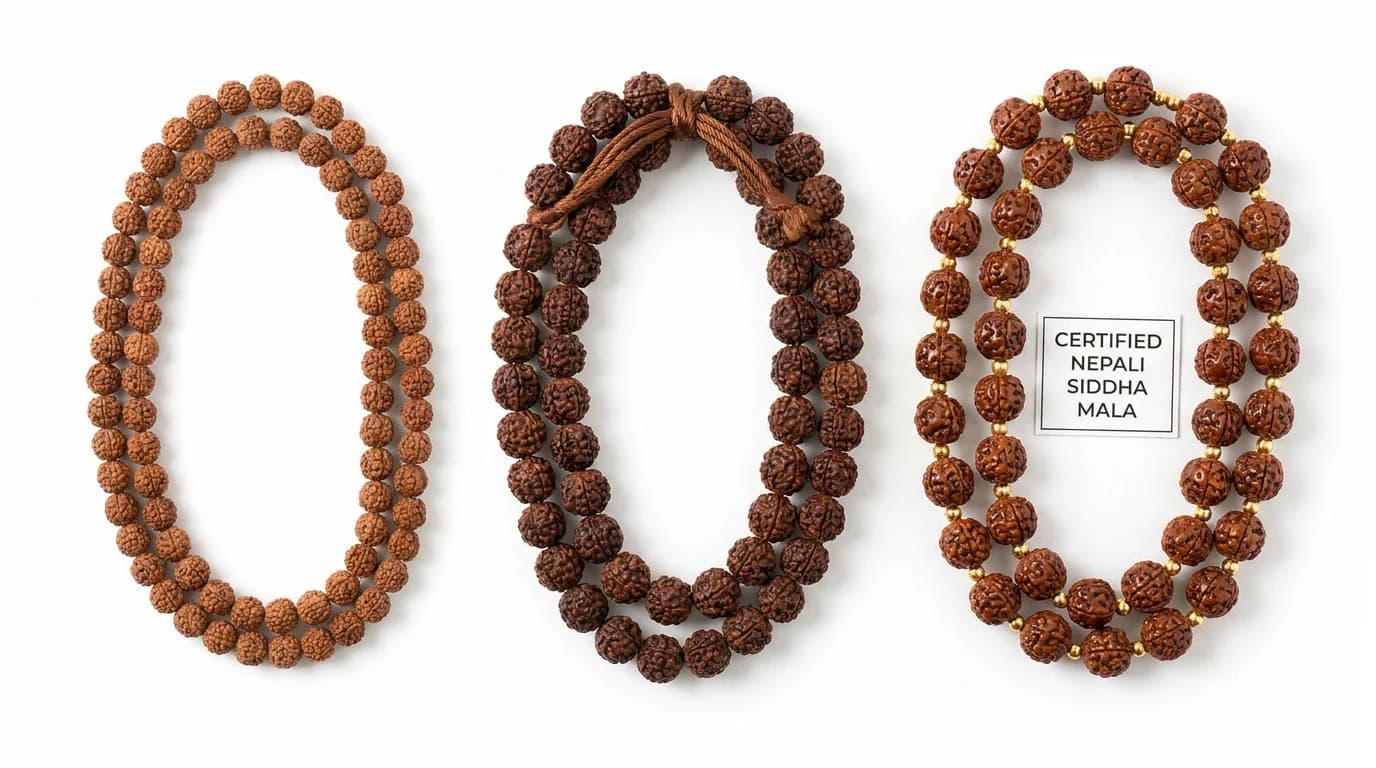 Price comparison of Rudraksha Malas from budget Indonesian to premium Nepali with lab certificate