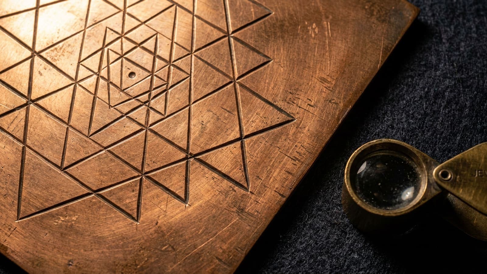Close-up of a hand-engraved copper Shri Yantra showing precise triangle intersections under raking light