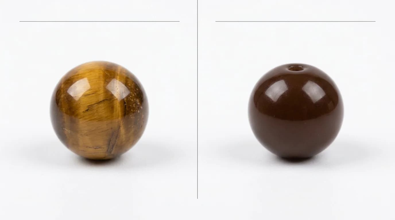 Side-by-side comparison of a genuine Tiger Eye Bracelet showing chatoyancy shimmer versus a dyed glass imitation