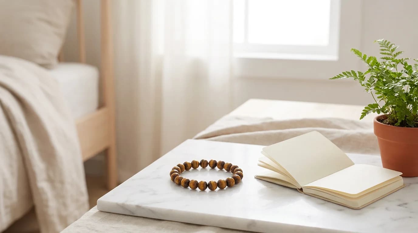 Person removing a Tiger Eye Bracelet from their wrist during the adjustment period