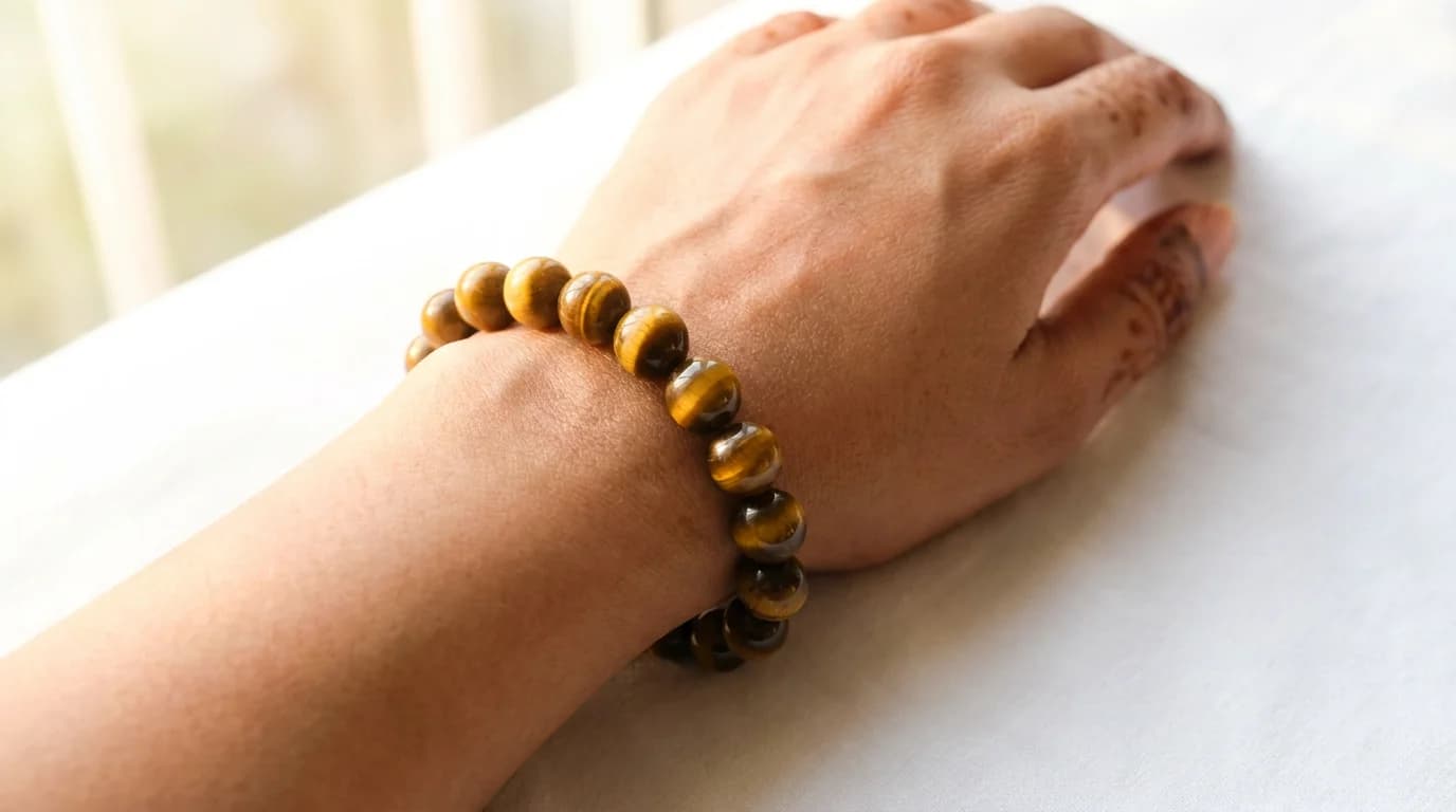 Tiger Eye Bracelet worn on the left wrist of a person in a meditation posture