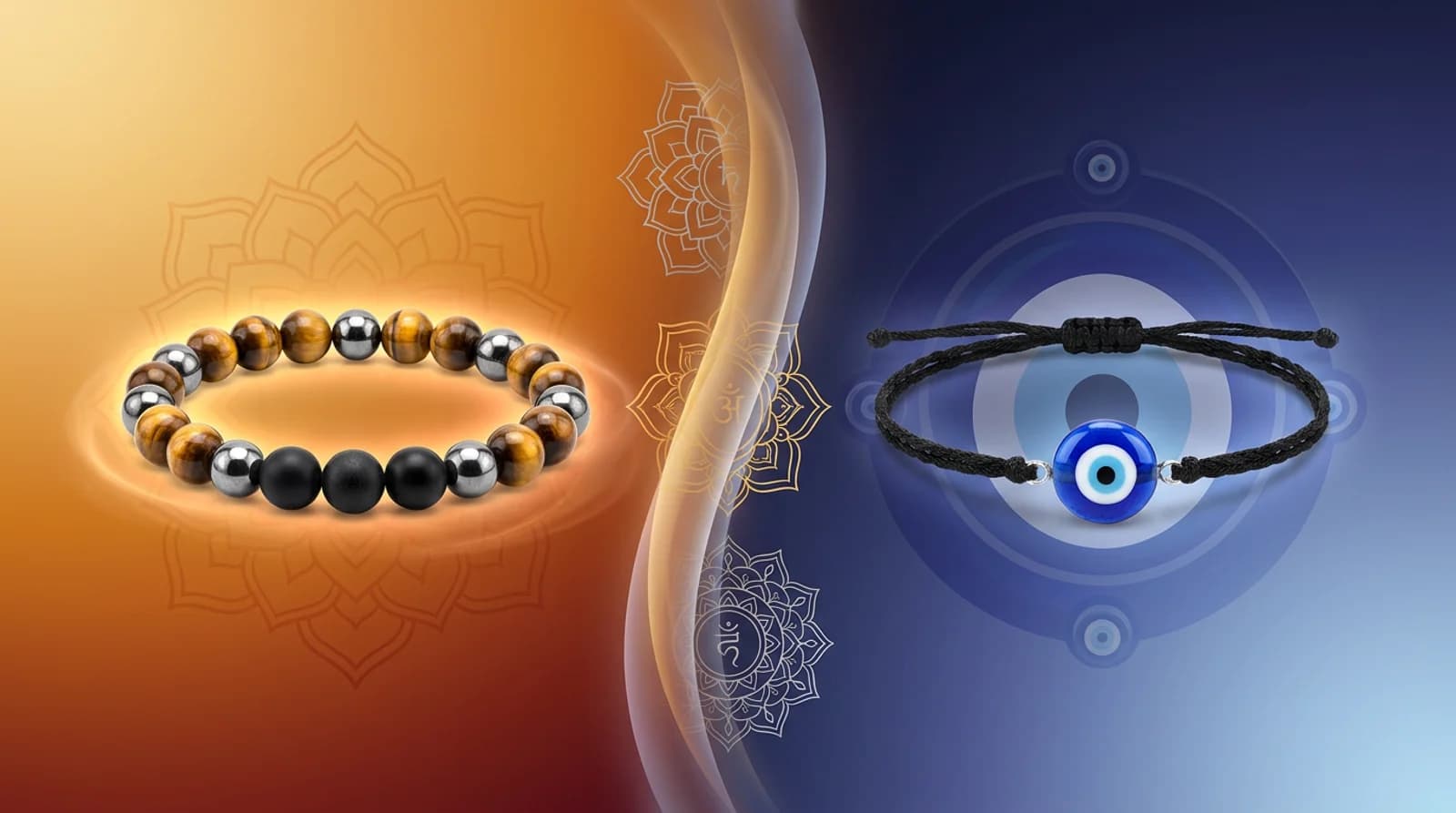 Certified triple protection bracelet with tiger eye, black tourmaline and hematite beads beside a blue evil eye nazar charm