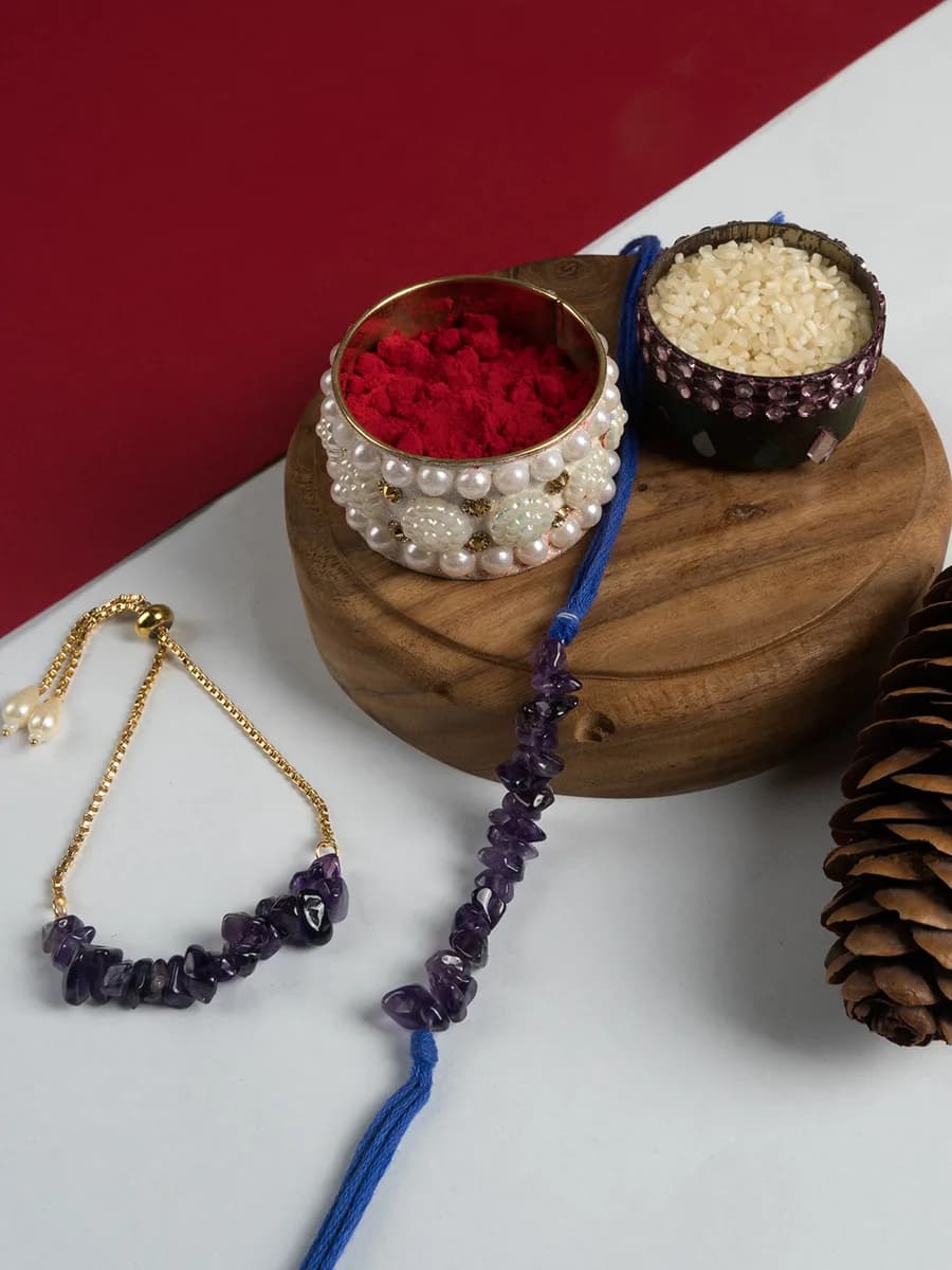 Amethyst chip rakhi with matching bhabhi bracelet — natural stone, DivineTatva Jaipur