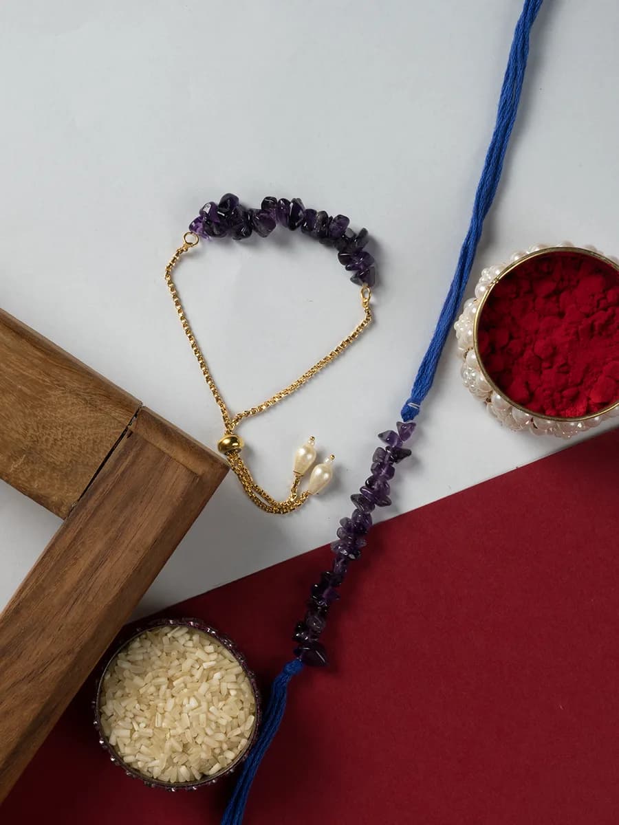 Amethyst chip rakhi with matching bhabhi bracelet — natural stone, DivineTatva Jaipur