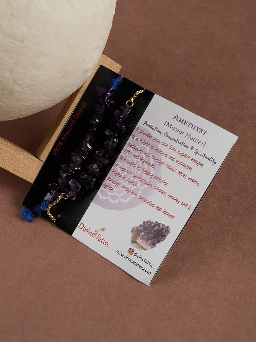 Amethyst chip rakhi with matching bhabhi bracelet — natural stone, DivineTatva Jaipur