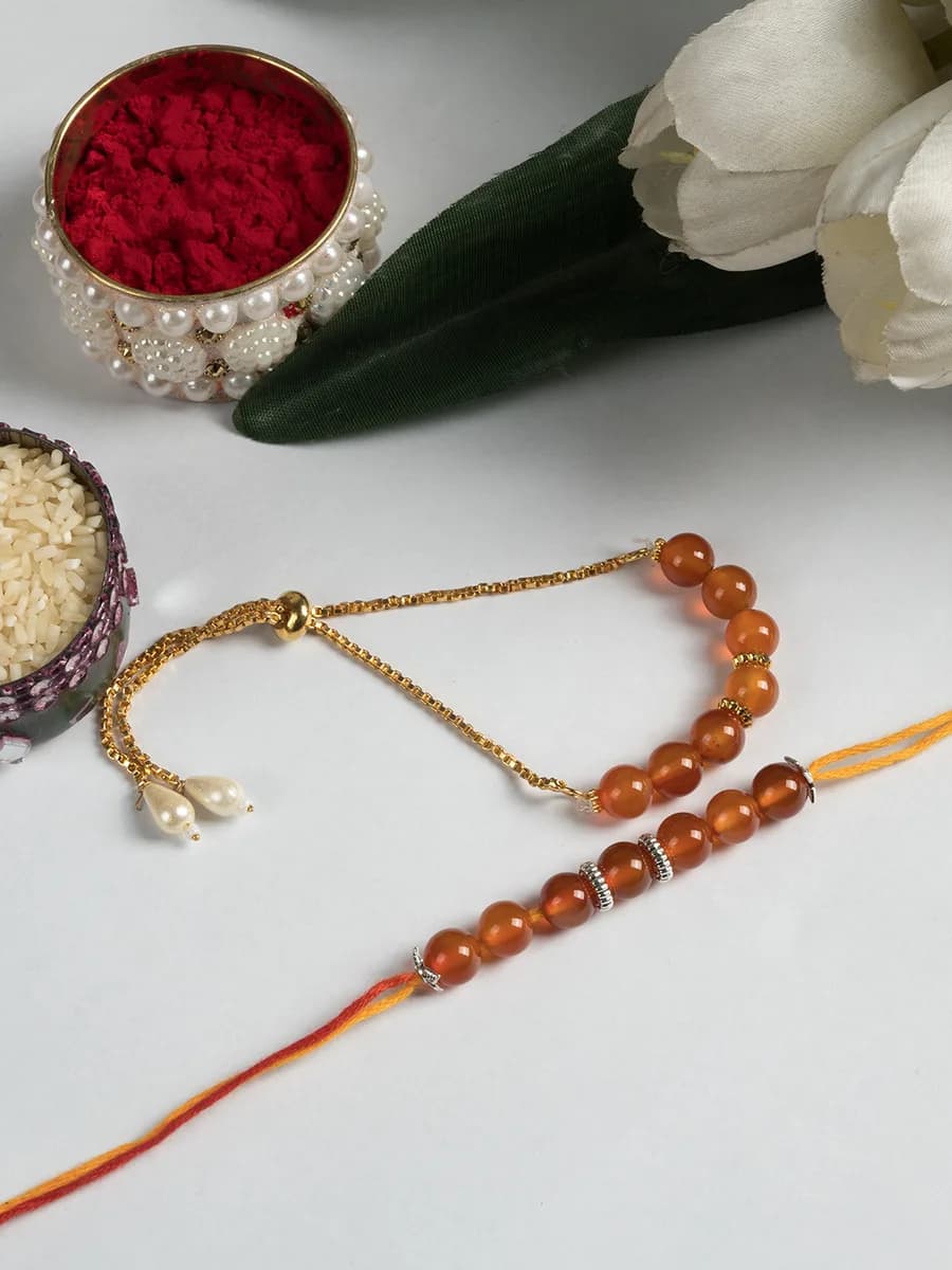 Carnelian beads rakhi with matching bhabhi bracelet — natural stone, DivineTatva Jaipur