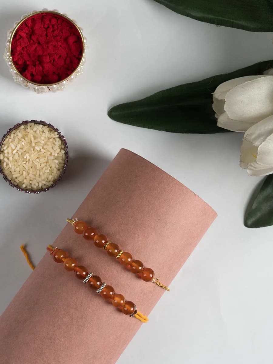 Carnelian beads rakhi with matching bhabhi bracelet — natural stone, DivineTatva Jaipur