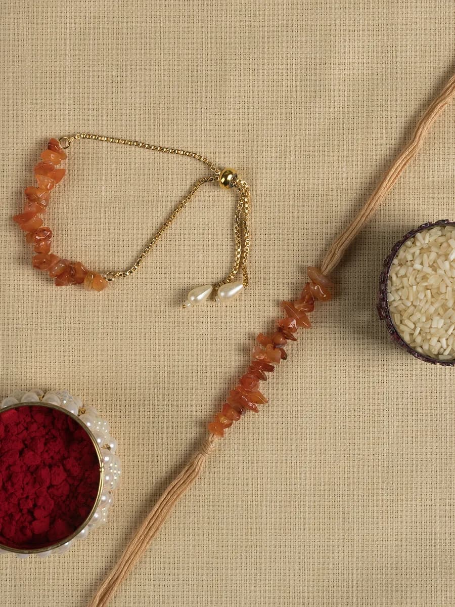 Carnelian chip rakhi with matching bhabhi bracelet — natural stone, DivineTatva Jaipur