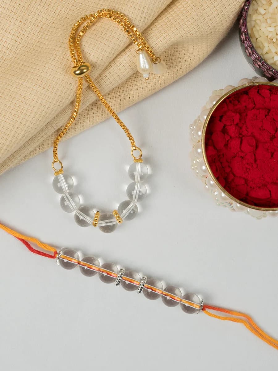 Clear Quartz beads rakhi — natural stone, DivineTatva Jaipur