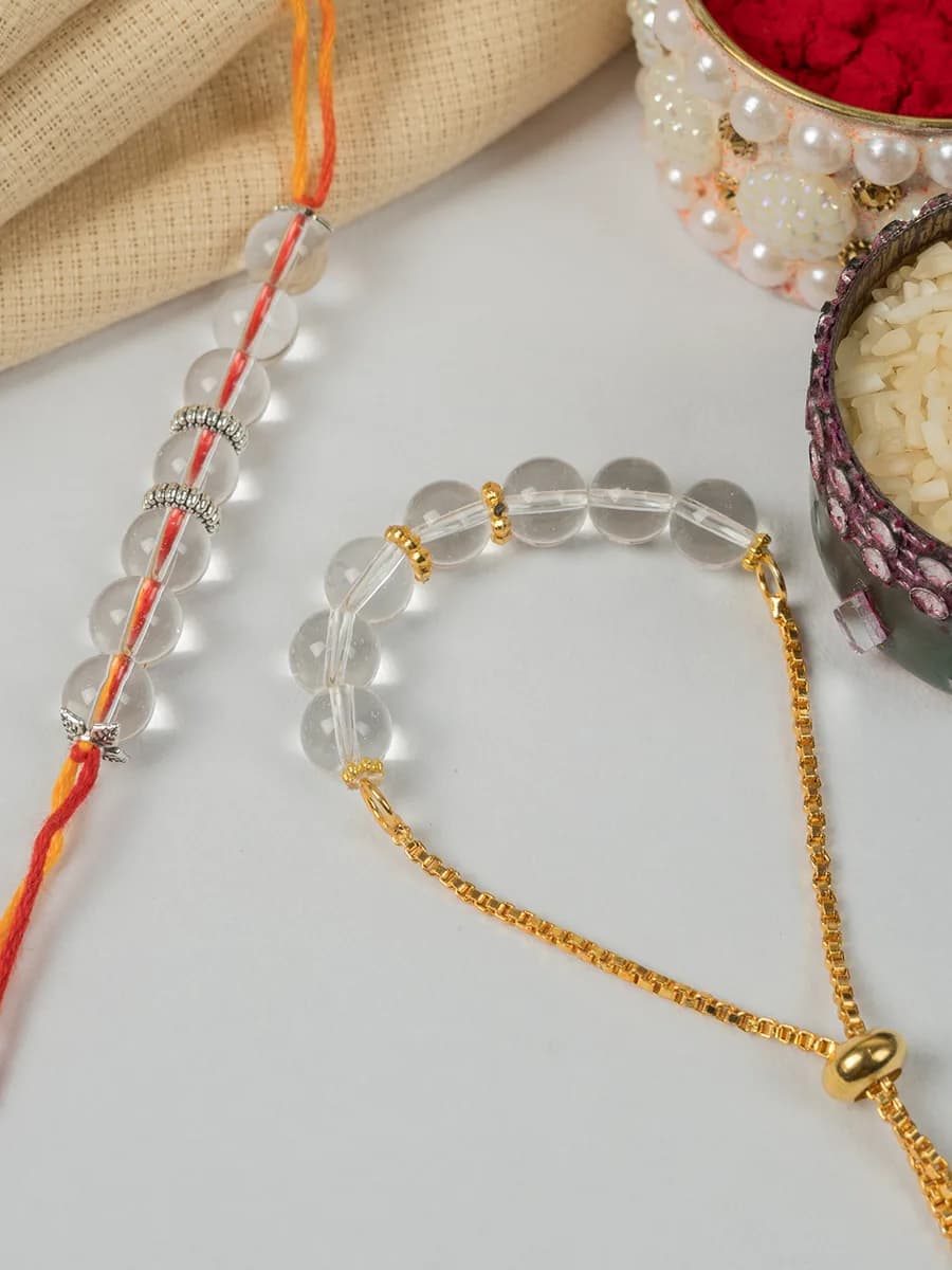 Clear Quartz beads rakhi — natural stone, DivineTatva Jaipur