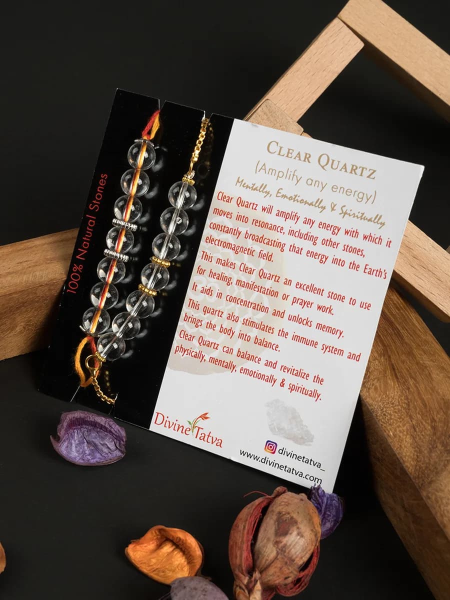 Clear Quartz beads rakhi — natural stone, DivineTatva Jaipur