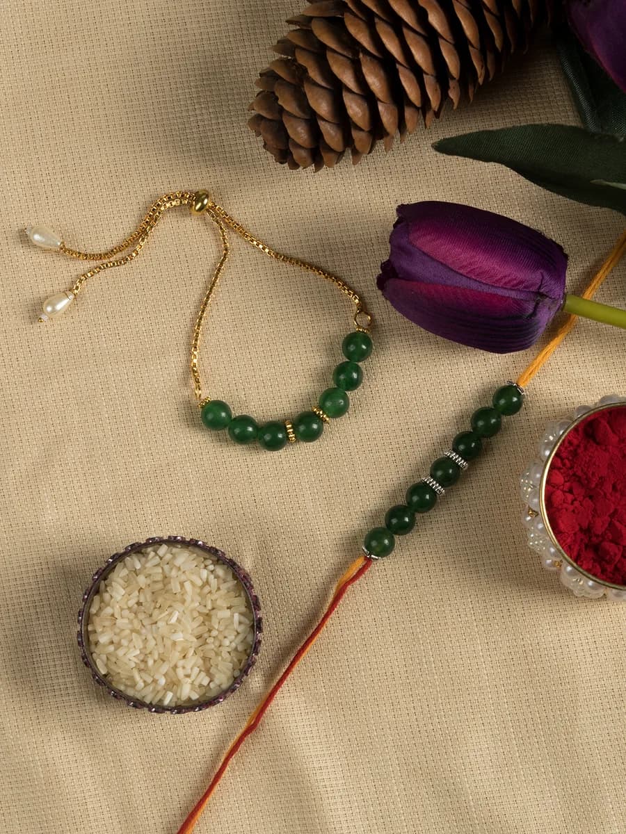 Green Jade beads rakhi — natural stone, DivineTatva Jaipur
