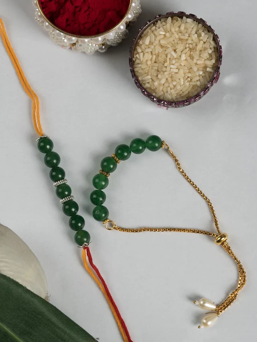 Green Jade beads rakhi — natural stone, DivineTatva Jaipur
