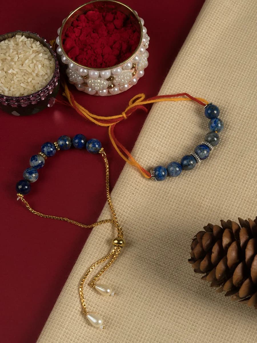 Lapis Lazuli beads rakhi — natural stone, DivineTatva Jaipur