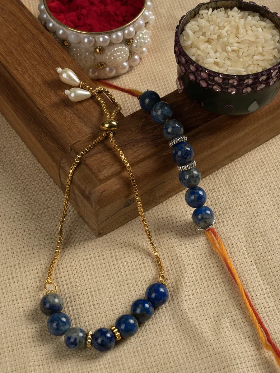 Lapis Lazuli beads rakhi — natural stone, DivineTatva Jaipur