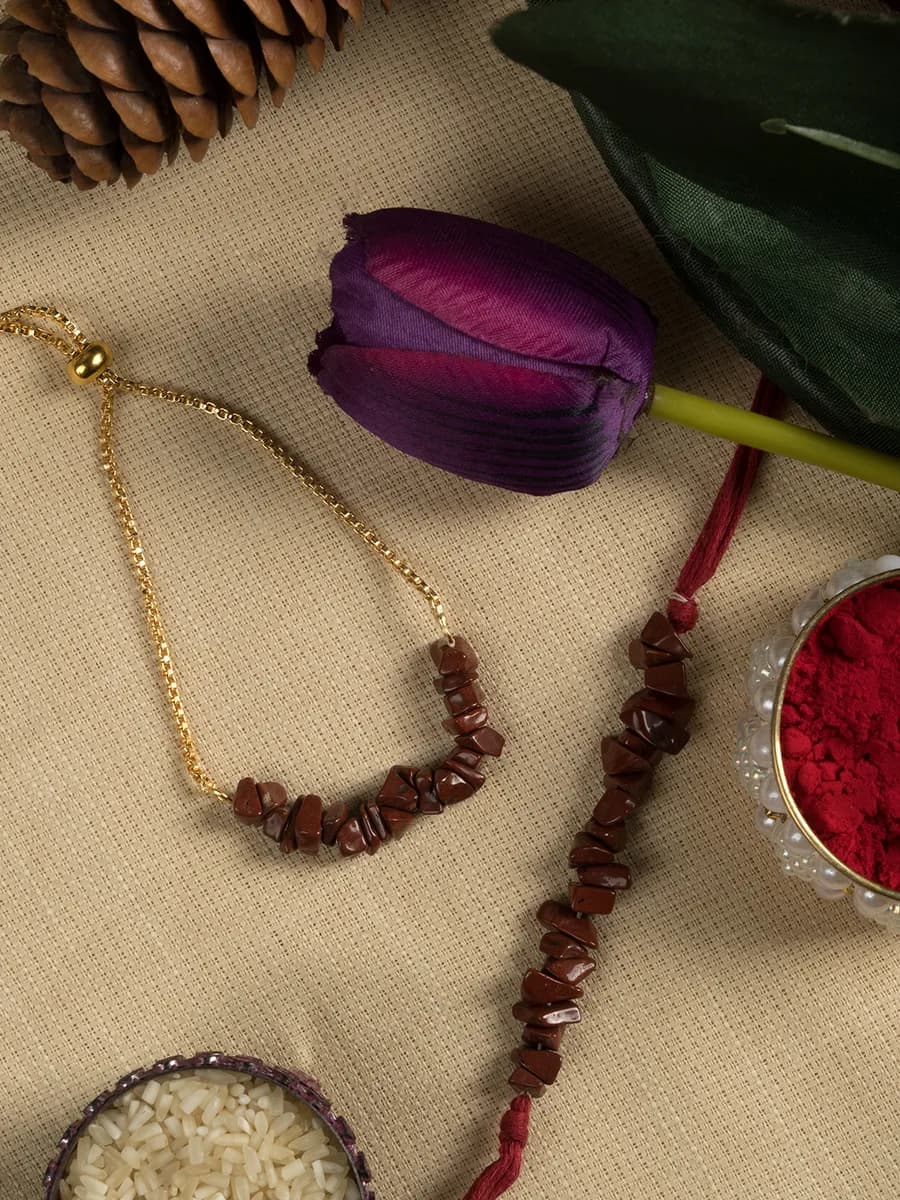 Red Jasper chip rakhi with matching bhabhi bracelet — natural stone, DivineTatva Jaipur