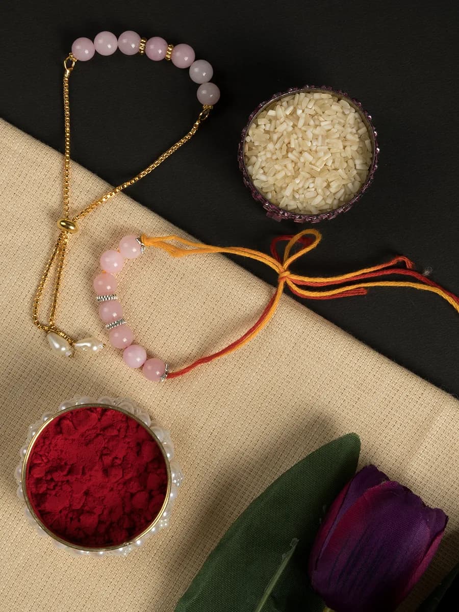 Rose Quartz beads rakhi — natural stone, DivineTatva Jaipur