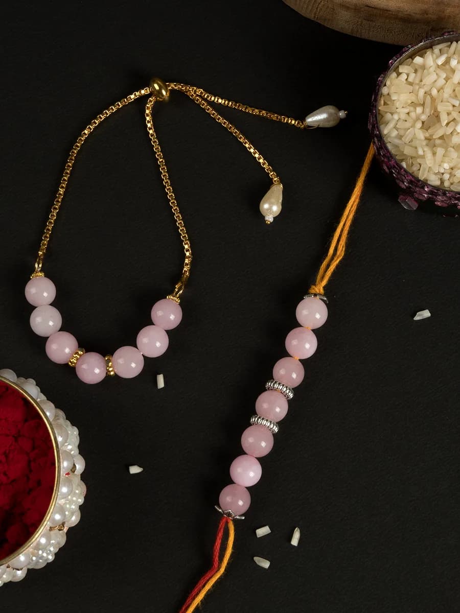 Rose Quartz beads rakhi — natural stone, DivineTatva Jaipur