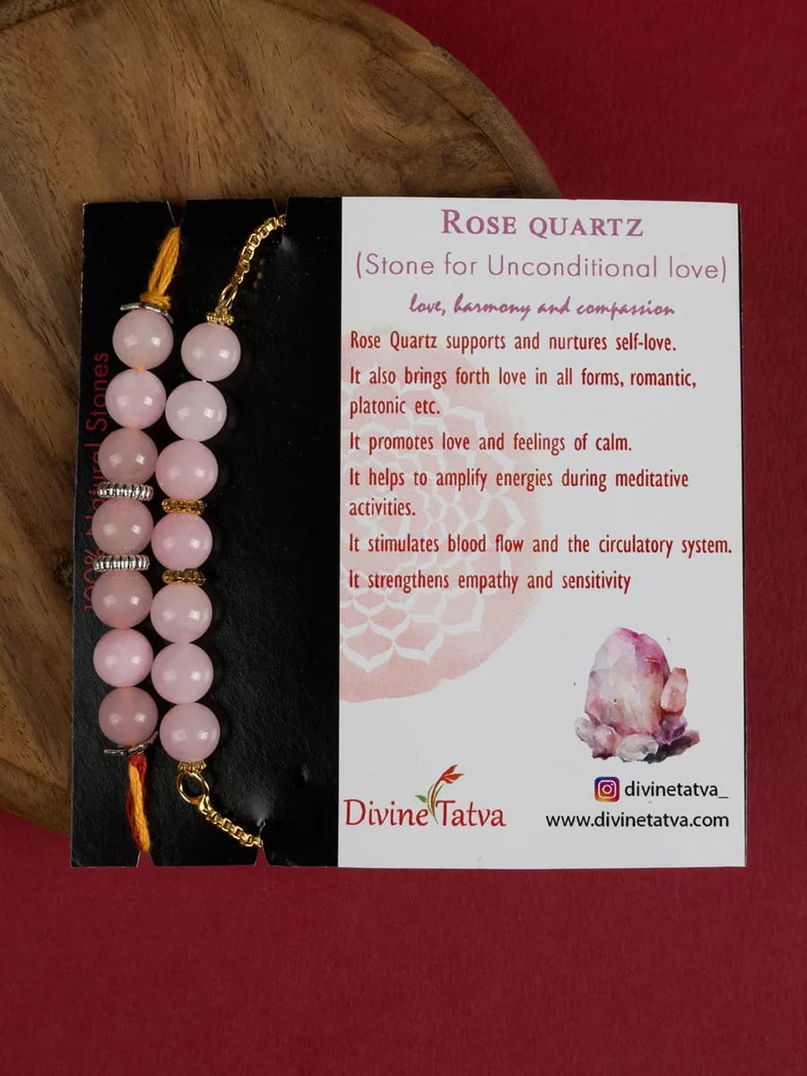 Rose Quartz beads rakhi — natural stone, DivineTatva Jaipur