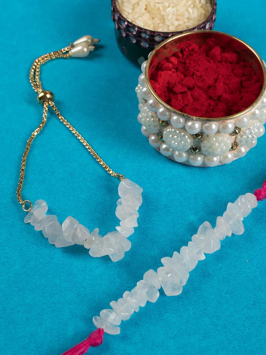 Rose Quartz chip rakhi — natural stone, DivineTatva Jaipur