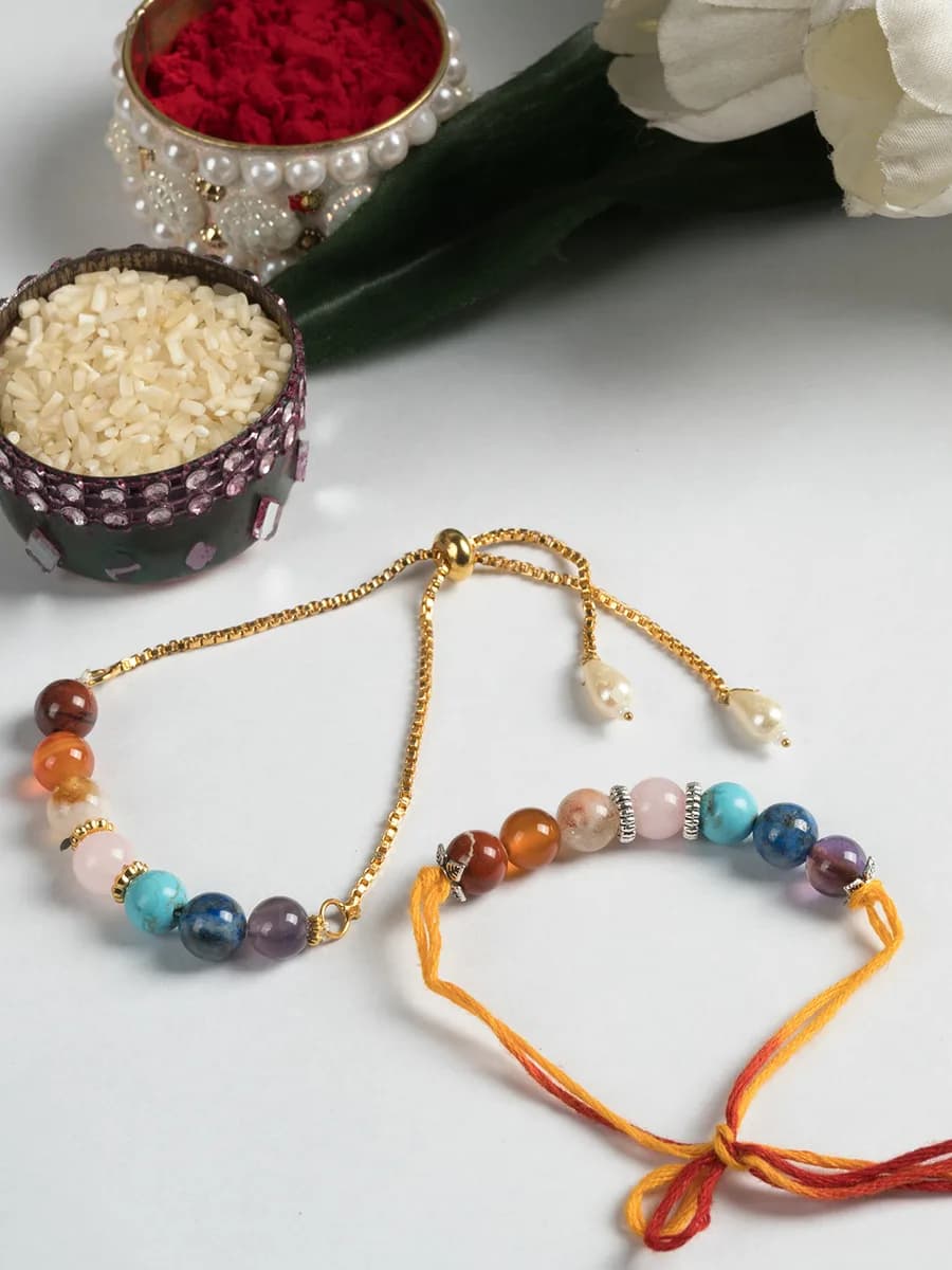 Seven Chakra beads rakhi with matching bhabhi bracelet — natural stone, DivineTatva Jaipur