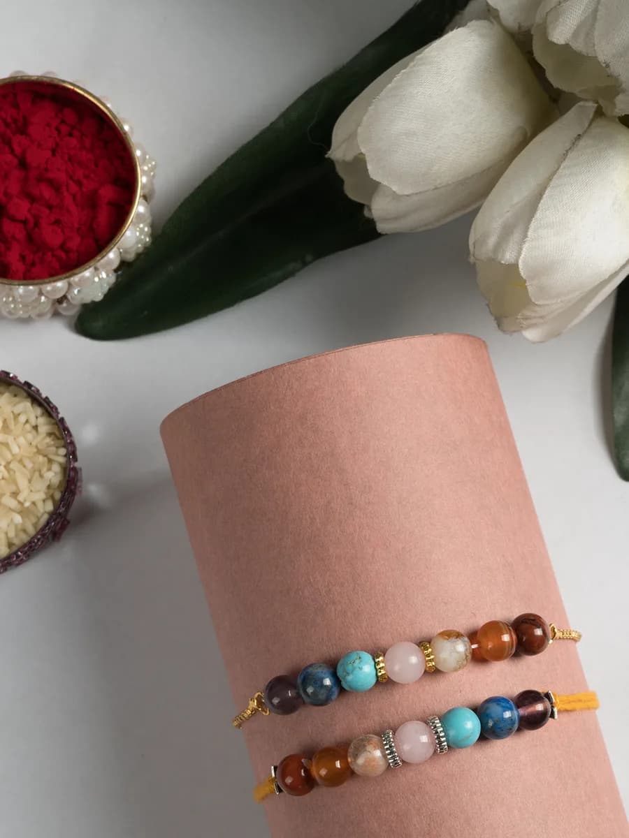 Seven Chakra beads rakhi with matching bhabhi bracelet — natural stone, DivineTatva Jaipur