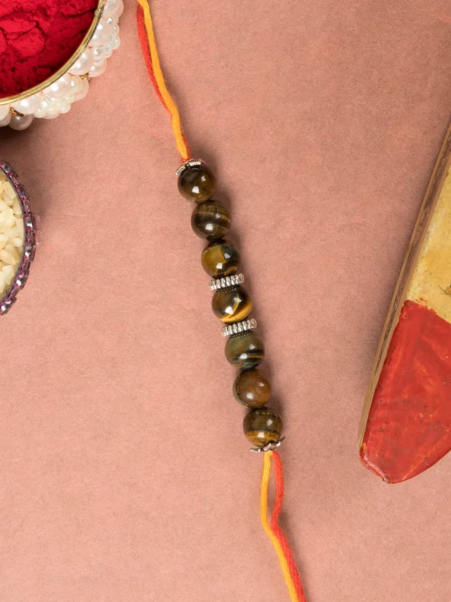 Tiger Eye beads rakhi — natural stone, DivineTatva Jaipur