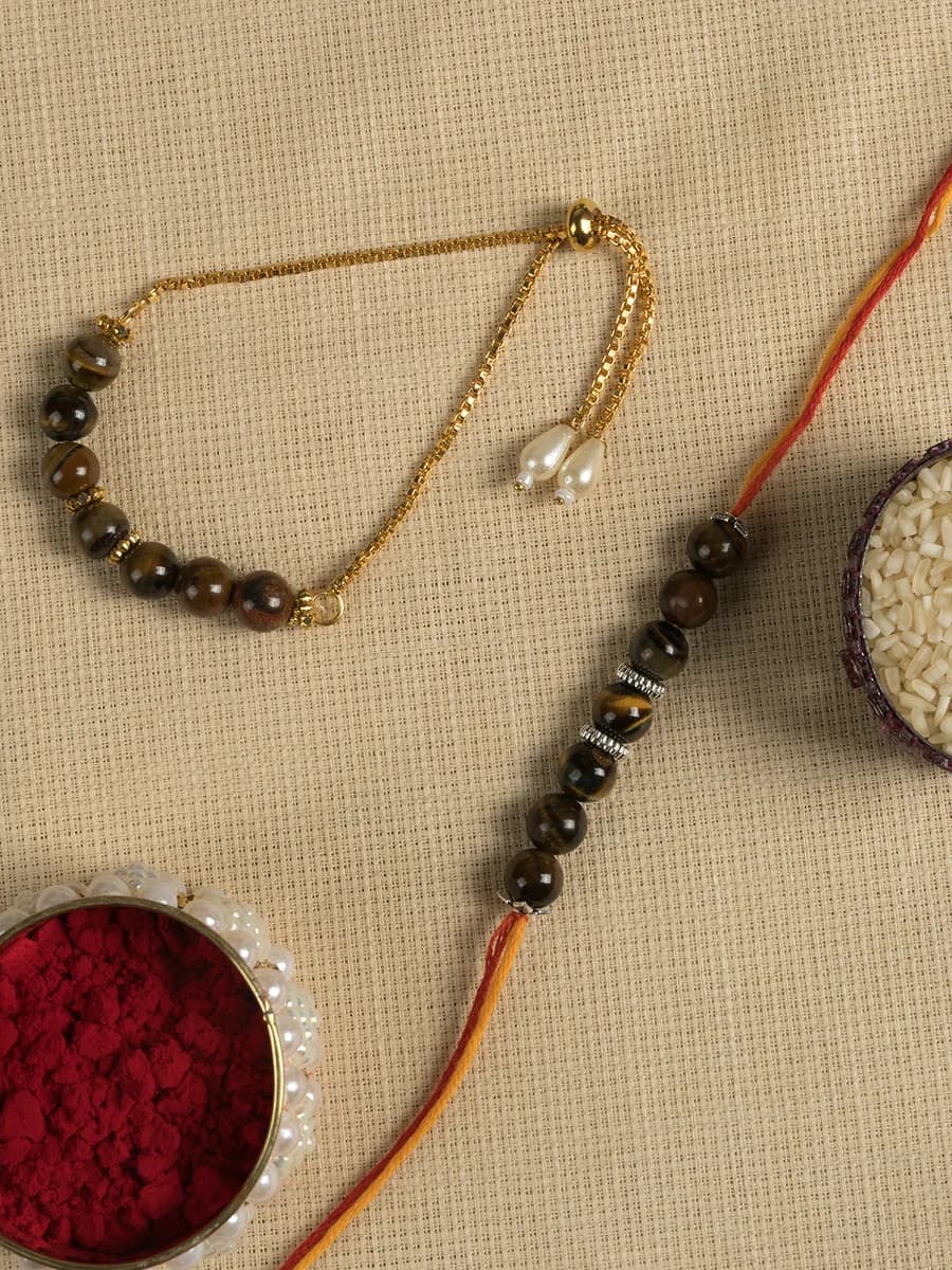 Tiger Eye beads rakhi — natural stone, DivineTatva Jaipur
