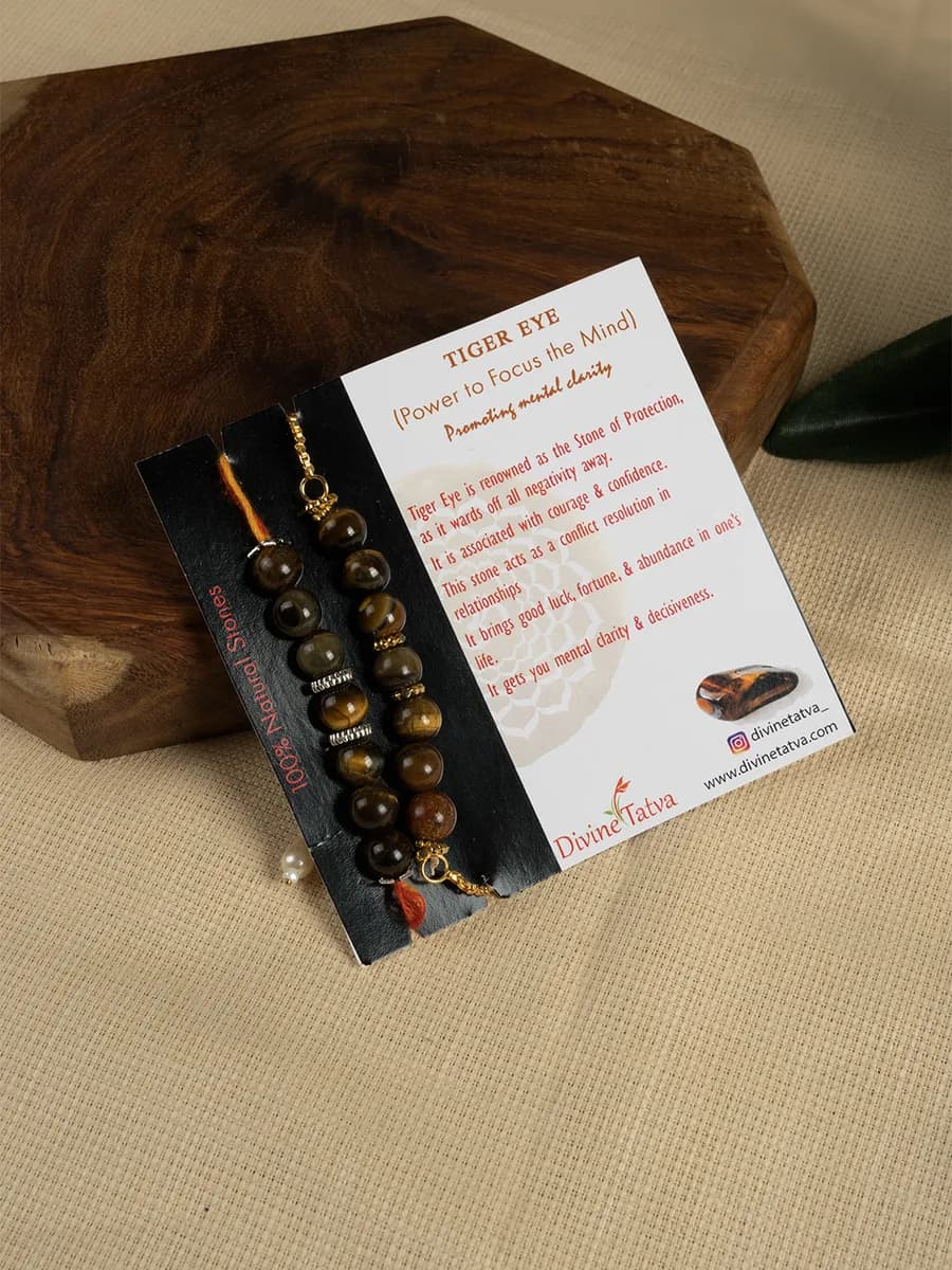 Tiger Eye beads rakhi — natural stone, DivineTatva Jaipur