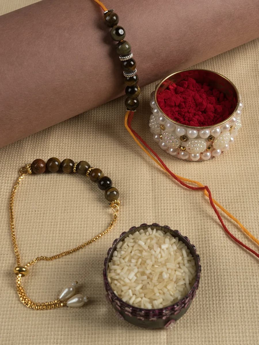 Tiger Eye beads rakhi — natural stone, DivineTatva Jaipur