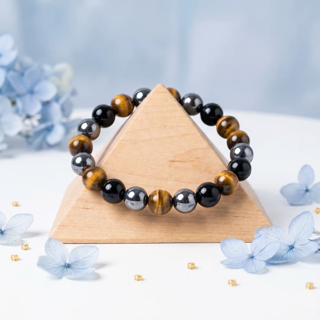 DivineTatva Certified Triple Protection Bracelet (Tiger Eye + Black Tourmaline/Black Obsidian + Hematite) — Lab-Certified, Jaipur-Made, Astrologer-Energised