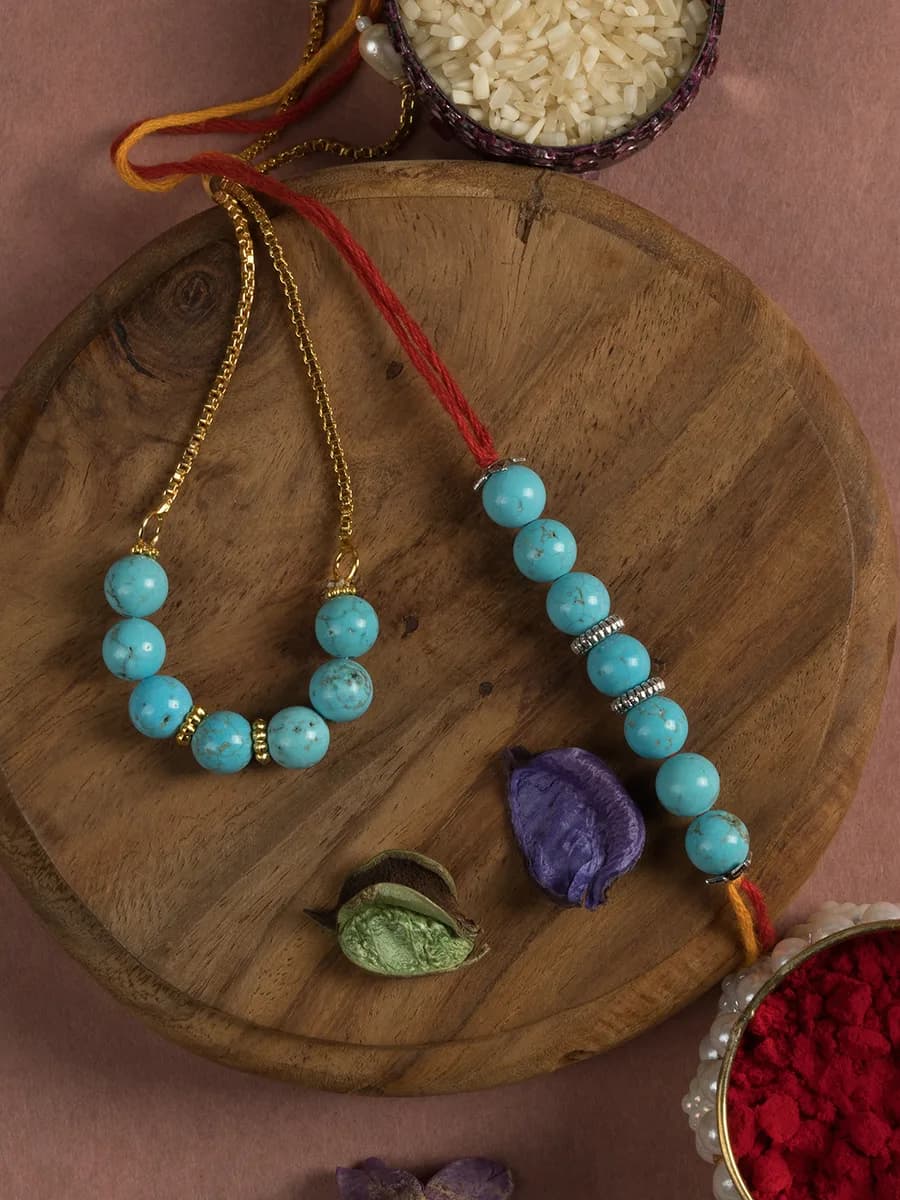 Turquoise beads rakhi with matching bhabhi bracelet — natural stone, DivineTatva Jaipur