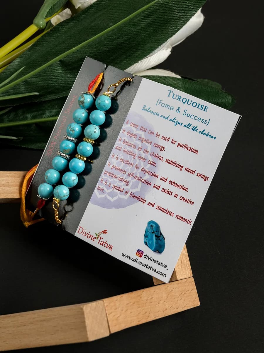 Turquoise beads rakhi with matching bhabhi bracelet — natural stone, DivineTatva Jaipur