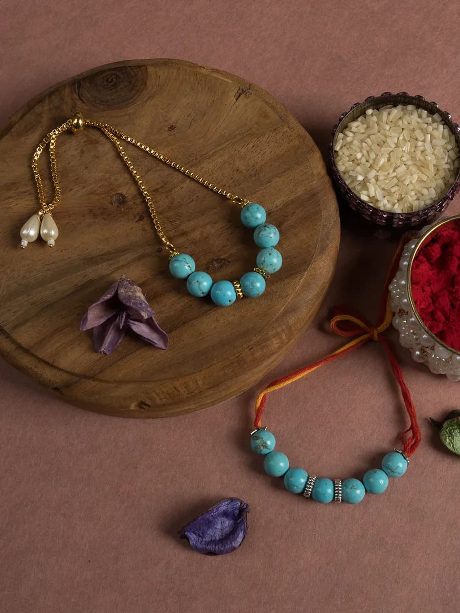 Turquoise beads rakhi with matching bhabhi bracelet — natural stone, DivineTatva Jaipur