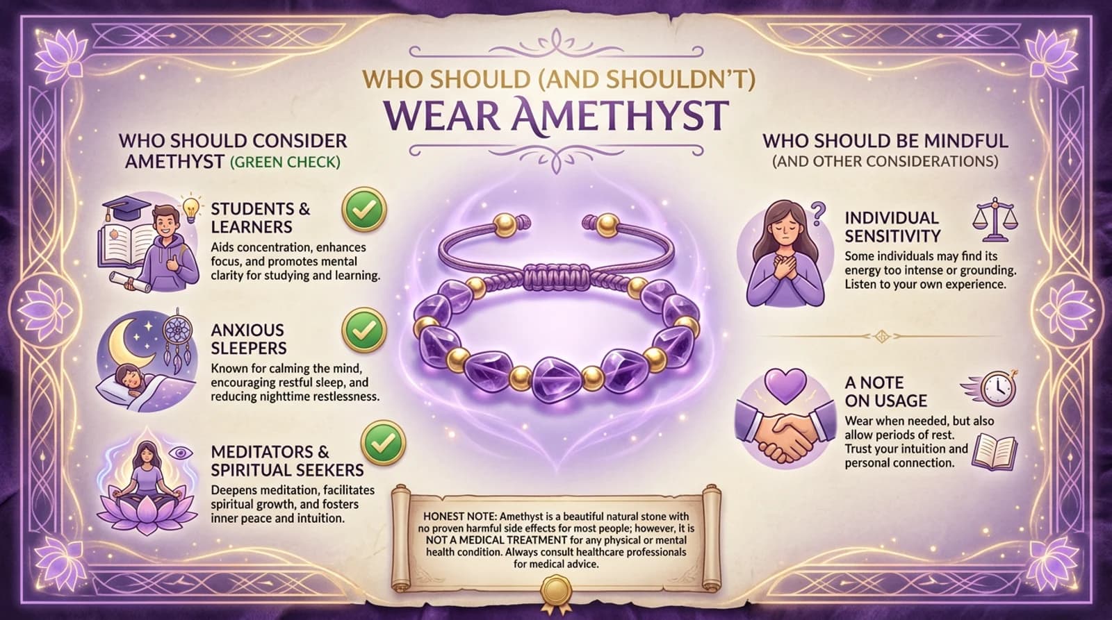Certified natural amethyst bracelet on a wrist with a suitability and side-effects guide card