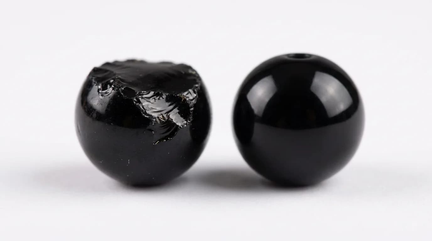 Genuine black obsidian bracelet with hematite beads beside a magnet and lab certificate for a real vs fake test in India