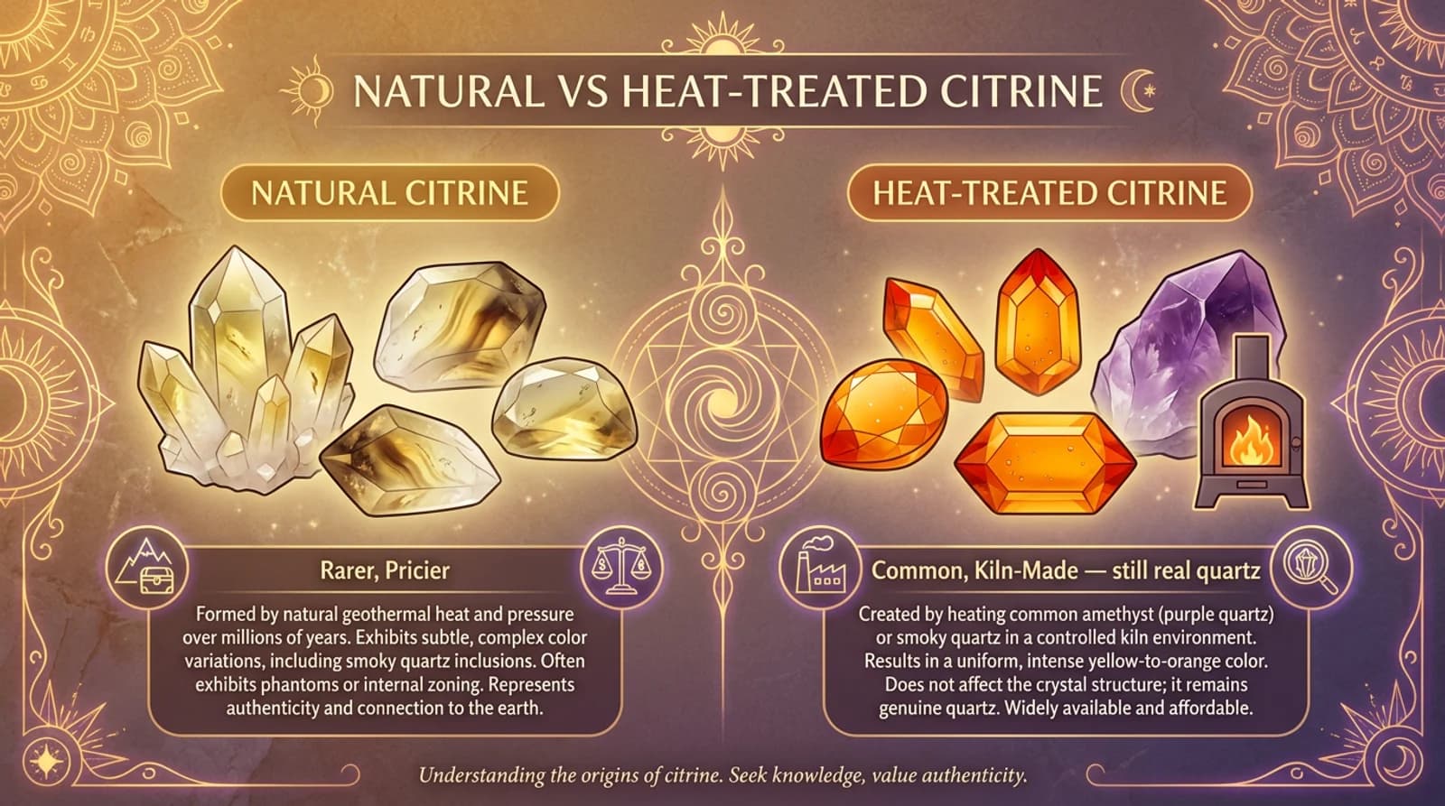 Golden citrine bracelet beads shown side by side, natural vs heat-treated citrine, with a Jaipur lab certificate
