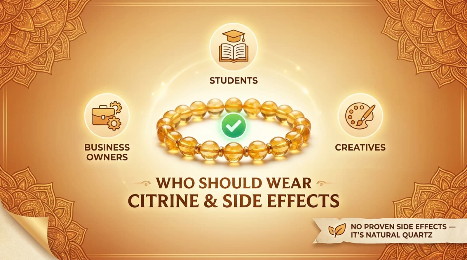 Golden citrine bracelet with 8mm beads displayed beside a Jaipur lab certificate