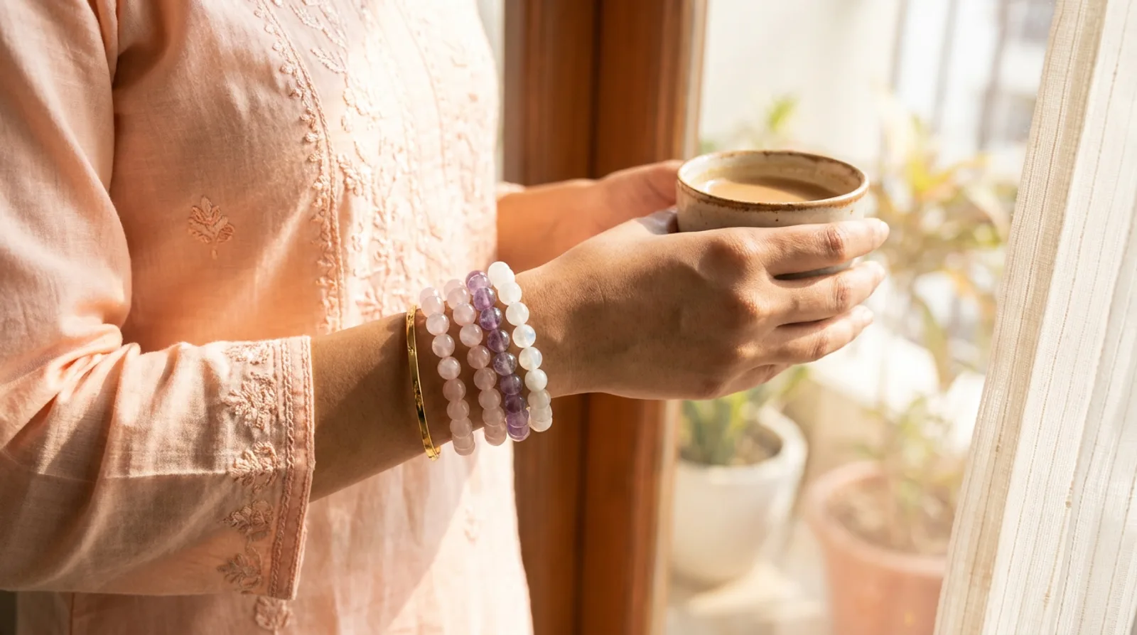 A woman's wrist wearing stacked rose quartz, amethyst and moonstone bead bracelets with a gold bangle