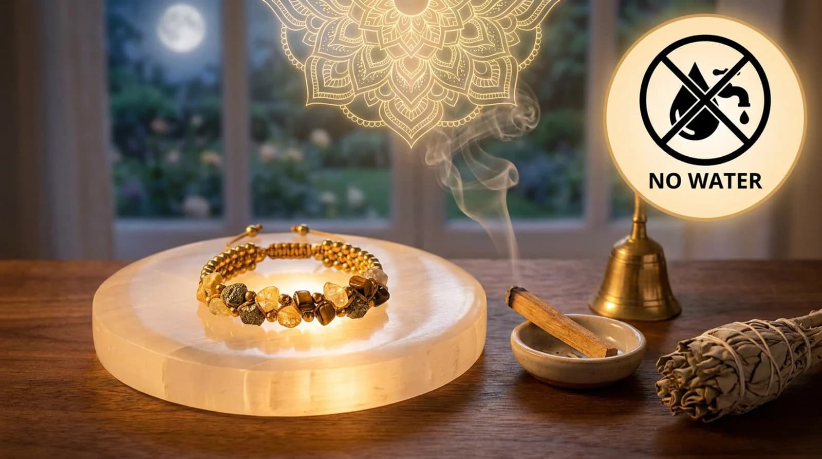 Six-stone dhan yog bracelet resting on a selenite plate under moonlight for dry cleansing and charging