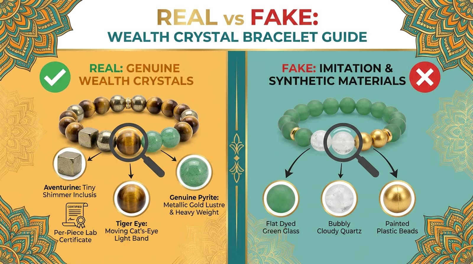 Original lab-certified dhan yog bracelet showing six wealth stones beside a fake glass-bead imitation